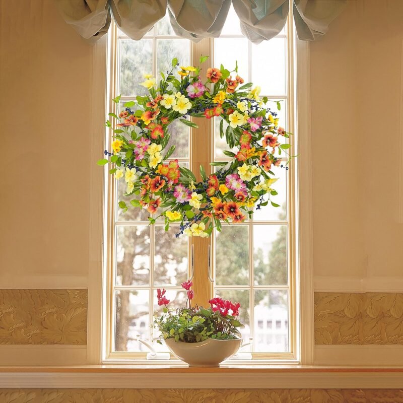 20 inch Spring Summer Wreaths for Front Door Floral Wreath with Colorful Wildflowers,Eucalyptus Leaves,Olive Leaves,Small Berries for Indoor Outdoor Farmhouse Home Wall Window Festival Decoration - Image 6