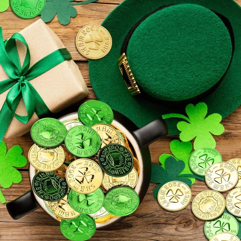 Apeso St. Patrick's Day Gold Coins - 120 Pieces Shamrock Plastic Lucky Coins in Green & Gold, Perfect for St. Patrick's Day Party Decorations, Birthday Crafts, Table Decorations & Party Favors - Image 3