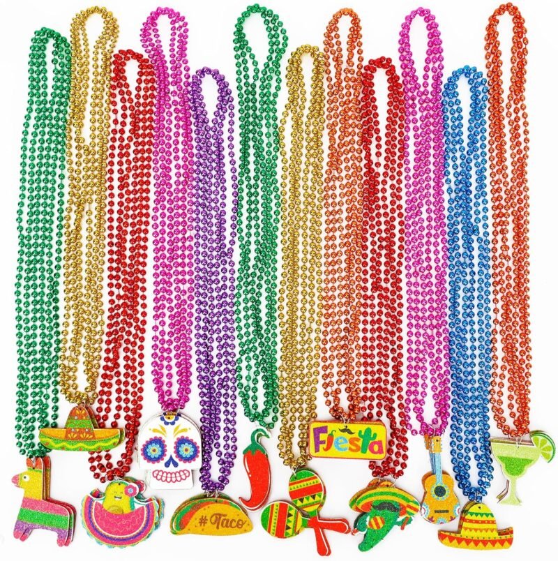 100PCS Cinco de Mayo Necklace Decorations, Fiesta Mexican Beads Decorations, 12 Kinds Metallic Mexican Party Decor Necklace, Fiesta Cactus Pinata Maracas Accessories for Cinco de Mayo Party Favors