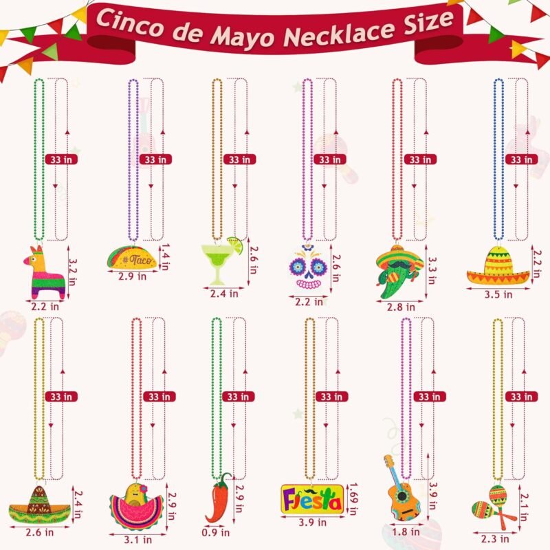 100PCS Cinco de Mayo Necklace Decorations, Fiesta Mexican Beads Decorations, 12 Kinds Metallic Mexican Party Decor Necklace, Fiesta Cactus Pinata Maracas Accessories for Cinco de Mayo Party Favors - Image 2