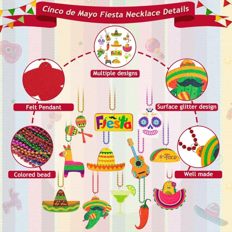 100PCS Cinco de Mayo Necklace Decorations, Fiesta Mexican Beads Decorations, 12 Kinds Metallic Mexican Party Decor Necklace, Fiesta Cactus Pinata Maracas Accessories for Cinco de Mayo Party Favors - Image 3