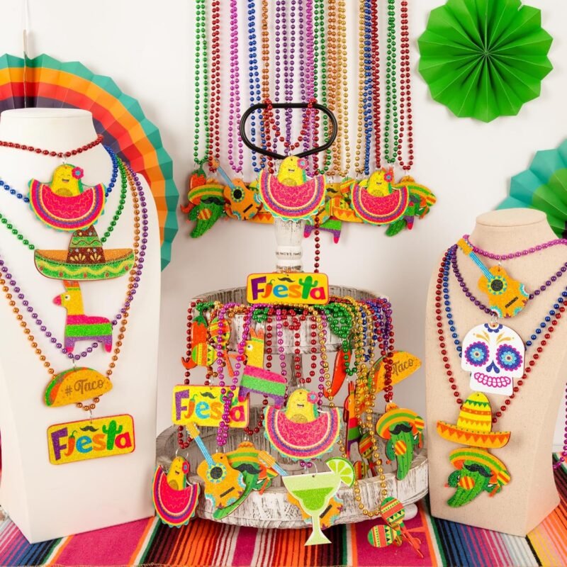 100PCS Cinco de Mayo Necklace Decorations, Fiesta Mexican Beads Decorations, 12 Kinds Metallic Mexican Party Decor Necklace, Fiesta Cactus Pinata Maracas Accessories for Cinco de Mayo Party Favors - Image 4
