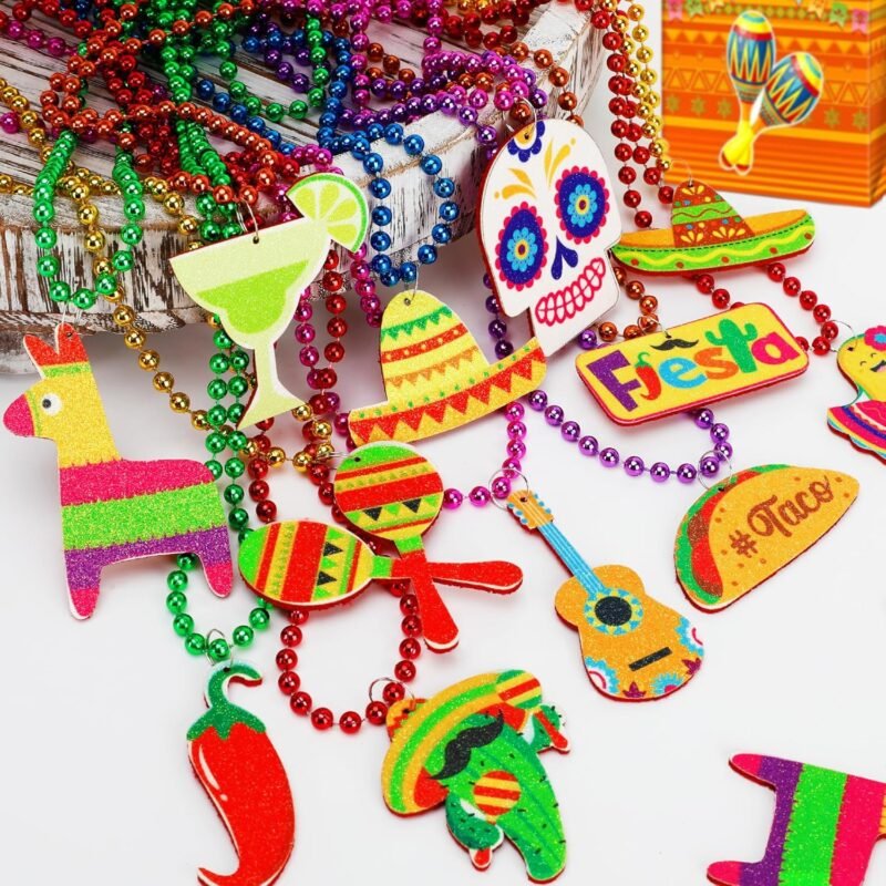 100PCS Cinco de Mayo Necklace Decorations, Fiesta Mexican Beads Decorations, 12 Kinds Metallic Mexican Party Decor Necklace, Fiesta Cactus Pinata Maracas Accessories for Cinco de Mayo Party Favors - Image 5