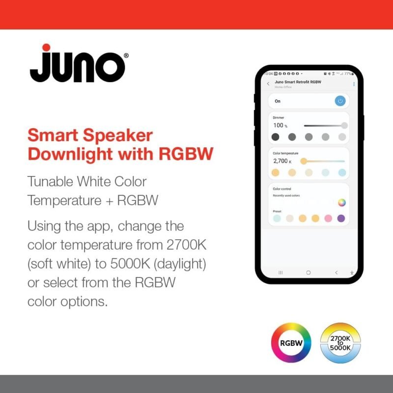 Juno 6 Inch Smart Recessed Light Speaker, Bluetooth, Alexa, Google Home Compatible, RGBW Speaker Downlight, Dynamic Color Red Green Blue White, Matte White (J6SLC RGBW MW M6) - Image 5