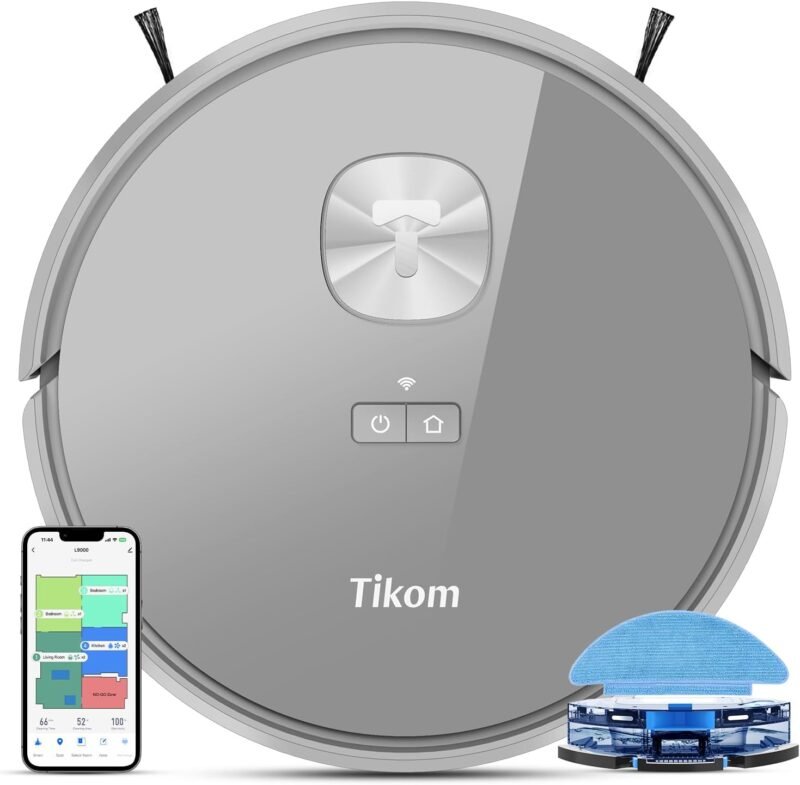 Tikom Robot Vacuum and Mop with LiDAR Navigation L9000, 4000Pa Robotic Vacuum Cleaner, 150Min Max, Smart Mapping, Good for Pet Hair, Carpet, Hard Floor