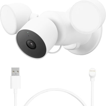 Google Nest Cam with Floodlight - Outdoor Camera - Floodlight Security Camera, White, 1 Count with Extra Replacement Cable
