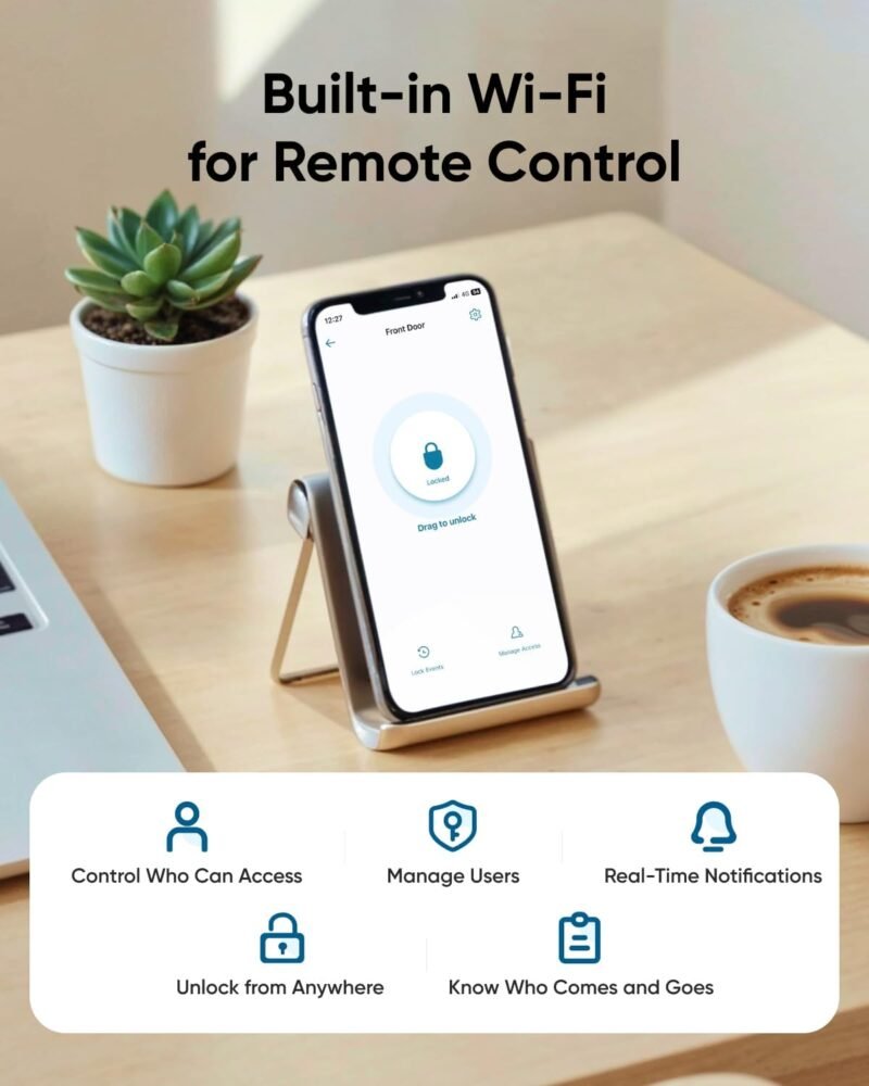 eufy Smart Lock C33, Keyless Fingerprint Door Lock with Handle, Integrated Wi-Fi, Remote Control via App, Biometric Entry Knob, Auto-Locking, IP53 Waterproof (2025 New Version) - Image 4