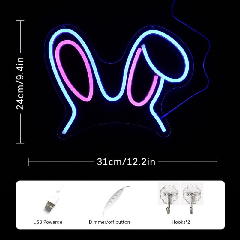 Easter Bunny Neon Sign - Pink Blue Rabbit Ears Light, Dimmable Cute LED Wall Decor for Children's Room, Easter Day Decoration, Gifts, Birthday Parties - Image 3