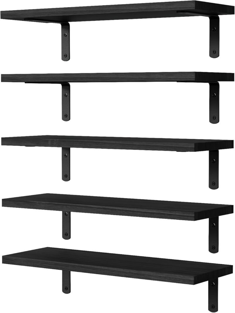 Floating Shelves, 5 Sets Wall Shelves, Wood Floating Shelves for Bedroom Wall Décor, Wall Mounted Floating Bathroom Shelf for Storage, Floating Book Shelf, Living Room – Black