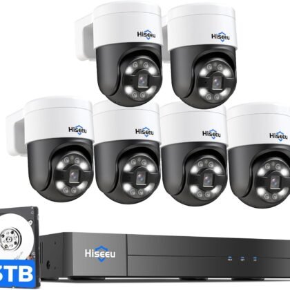 [300°Pan 90°Tilt+Human Tracking] Hiseeu 4K PoE PTZ Camera System,NVR Security Camera System w/6Pcs 5MP Wired Security Camera Outdoor&Indoor,2-Way Audio,Waterproof,7/24 Record for Home Surveillance