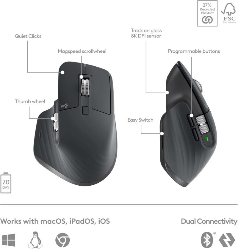 Logitech MX Keys S Combo - Performance Wireless Keyboard and Mouse with Palm Rest, Customizable Illumination, Fast Scrolling, Bluetooth, USB C, for Windows, Linux, Chrome, Mac - Image 7