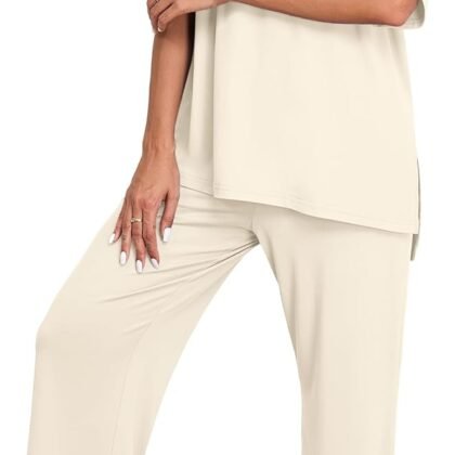PrinStory Womens Pajamas Sets 2 Piece Lounge Set Short Sleeve Tops and Long Pants Soft Pjs Loungewear with Pockets