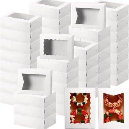 TaoBary 100 Pcs 8 Inch Cookie Boxes, 8 x 6 x 2.5 Inch Bakery Pastry Boxes with 2 Style Window for Cookie Treat Chocolate Strawberries Cupcakes Candy Muffins(White)