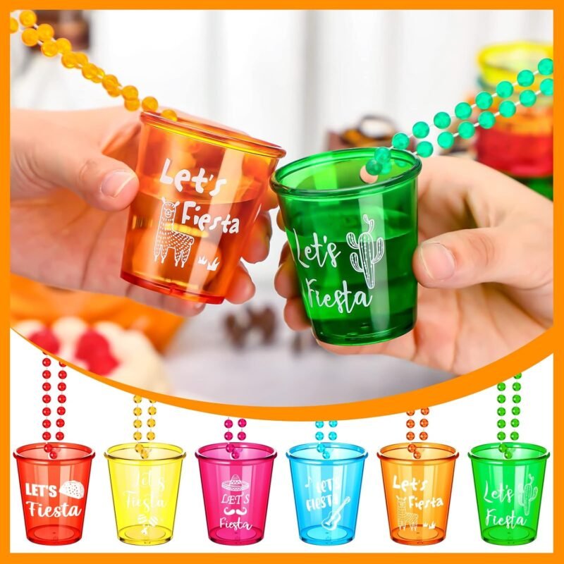 12 Packs Let's Fiesta Shot Glass Necklaces Bead Cinco De Mayo Necklace Plastic Shot Glasses Party Necklaces Mexican Cup for Bachelorette Fiesta Party Favors Supplies, Multi Color - Image 3