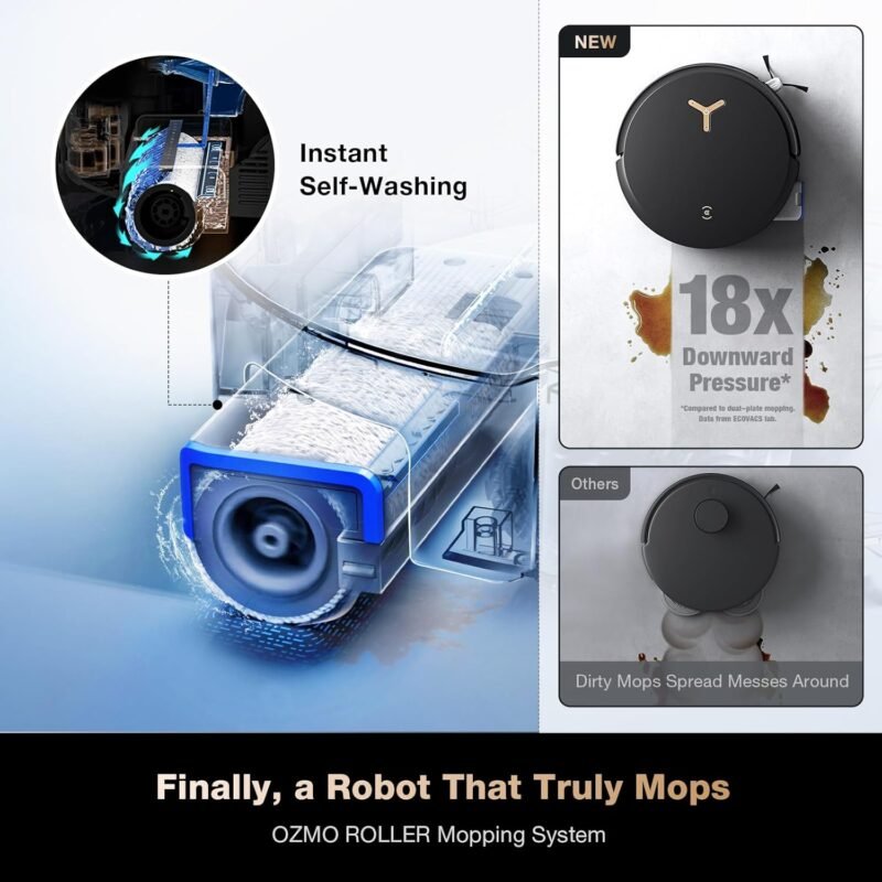 ECOVACS DEEBOT X8 PRO OMNI Robot Vacuum and Mop, 18000Pa, OZMO ROLLER Instant Self-Washing Mopping, 167℉ Hot Water Mop Washing, Auto Cleaning Solution Adding, Hot Air-Drying, Self-Emptying, Black - Image 2