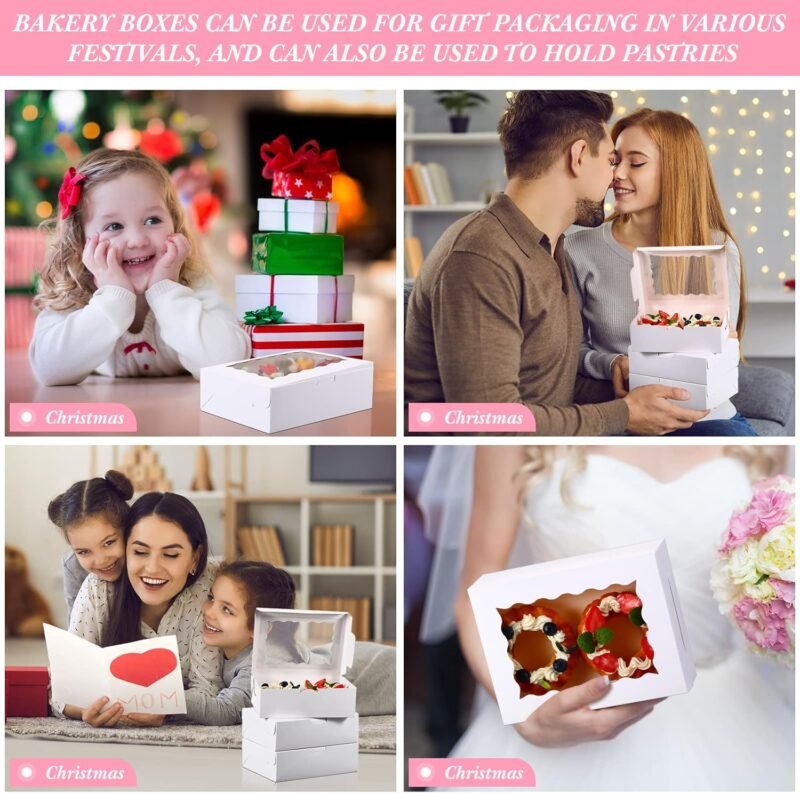 TaoBary 100 Pcs 8 Inch Cookie Boxes, 8 x 6 x 2.5 Inch Bakery Pastry Boxes with 2 Style Window for Cookie Treat Chocolate Strawberries Cupcakes Candy Muffins(White) - Image 7