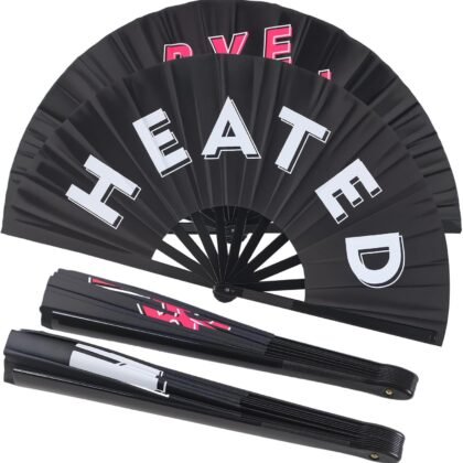 2 Pack Large Folding Hand Fan Men/Women Rave Fan, Chinese Kung Fu Tai Chi Hand Fan Black Vintage Foldable Hand Fans for Dancing, Festival, Gift, Home Decorations(Heated & Bye Bitch)