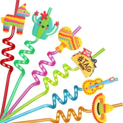 24PCS Mexican Fiesta Straws for Party Favors - Plastic Drinking Straws for Cinco De Mayo Party Supplies, Straws for Mexican Fiesta Taco Themed Party Straws for Kids Boys Girls Party Supplies