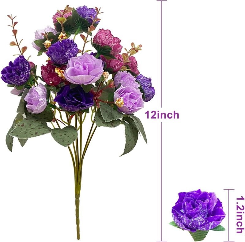 TURNMEON 63 Heads Roses Artificial Flowers Bouquet, 3 Bundles Fake Cemetery Flowers for Grave Mother's Day Silk Faux Fake Roses Wedding Bouquet Kitchen Table Home Summer Outdoors Decor(Mixed Purple) - Image 2