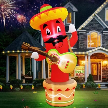 AerWo 6FT Cinco De Mayo Inflatables Chili Mexican Party Decorations, Blow Up May 5 Taco Sombreros Guitar Mexicano Fiesta Party Decorations with Built-in LEDs for Outdoor Garden Lawn Yard