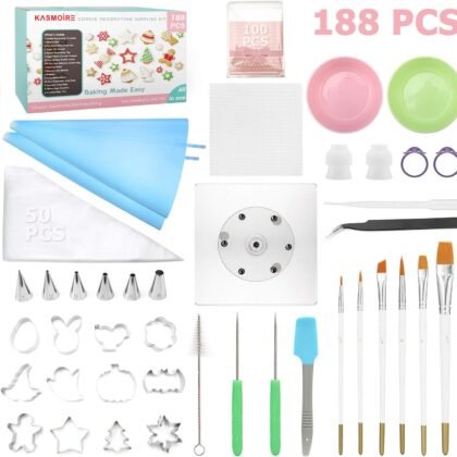 188pcs Cookie Decorating Supplies Kit(ALL-IN-ONE),with 12pcs holiday cookie cutter,Mixing Tools,Piping Tools,Decorating Tools and 100pcs Cookies Bags for Beginners and Decorator
