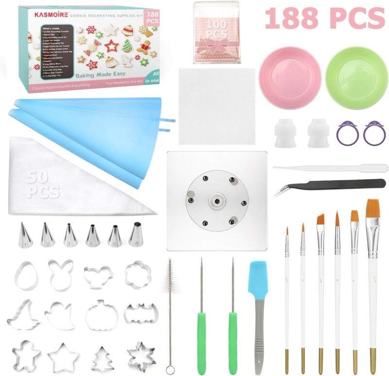 188pcs Cookie Decorating Supplies Kit(ALL-IN-ONE),with 12pcs holiday cookie cutter,Mixing Tools,Piping Tools,Decorating Tools and 100pcs Cookies Bags for Beginners and Decorator