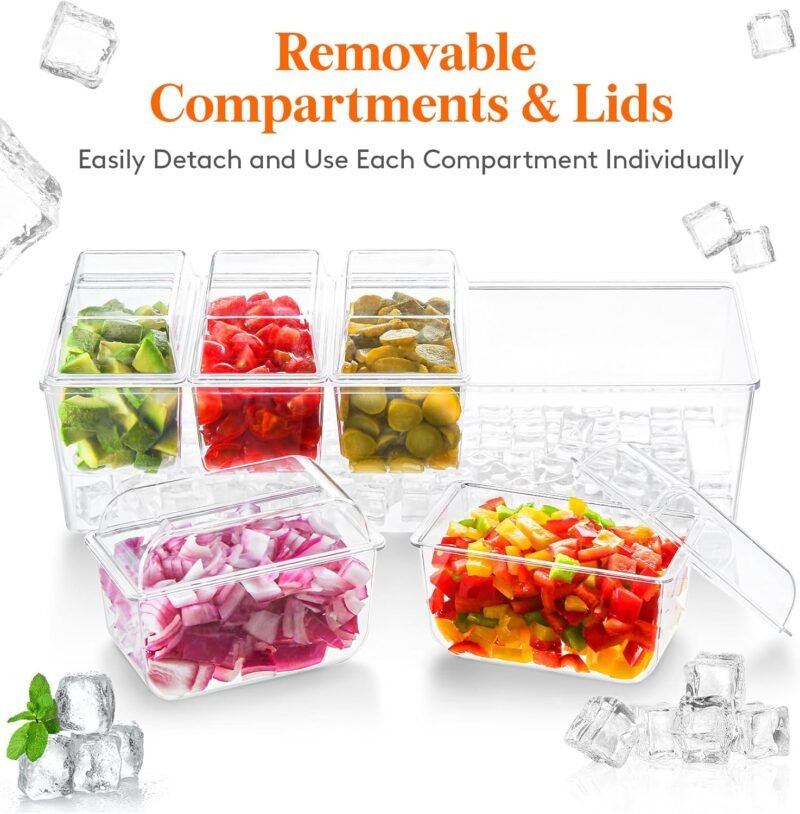 Lifewit Ice Chilled Condiment Caddy with 5 Containers(2.5 cup), Condiment Server with Separate Lids, Serving Tray Platter with Removable Dishes for Bar Accessories, Fruit, Salad, Taco, Party Garnish - Image 6