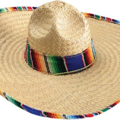 GiftExpress Mexican Sombrero Hat with Serape Trim, Adult Size, 21" Wide, Straw Hat for Cinco de Mayo, Serape Band, Costume Headwear