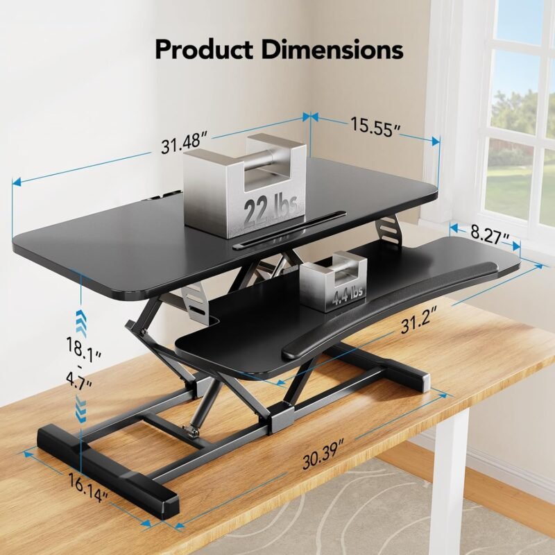 HUANUO Standing Desk Converter, 32” Sit to Stand Desk with Keyboard Tray, Height Adjustable Stand Up Desk Riser for Home Office, Dual Monitor and Laptop Workstation, Black - Image 4
