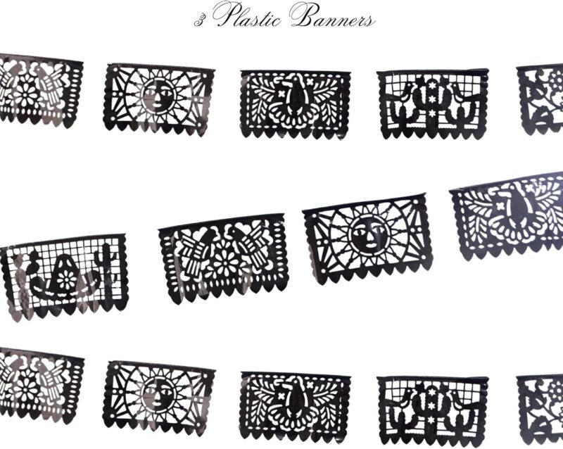 Mexican banners for fiesta party, Black Papel Picado Banner Plastic, Picado flags ideal for indoor and outdoor Mexican party decorations, Mexican weddings 3 pack - Image 6