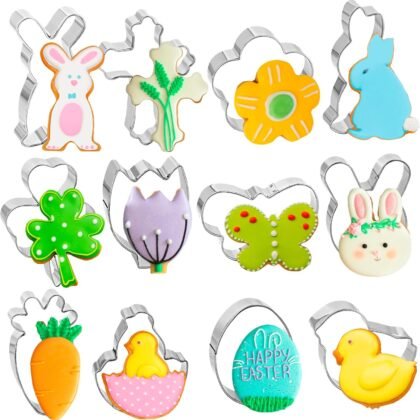 12Pcs Easter Cookie Cutters Set - Variety Pack Egg, Bunny, Flower, Chicken, Butterfly Cookie Cutters Stainless Steel Biscuits Cutter for Spring Holiday Baking