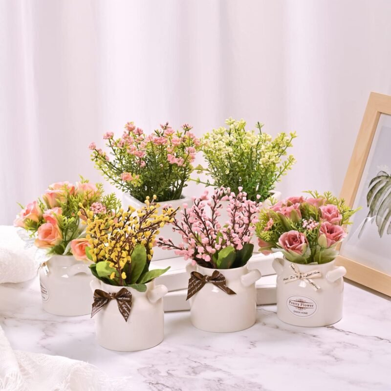 LUEUR 6Pcs Artificial Flowers with Ceramic Pot Fake Flower Arrangements Small Faux Spring Flowers in Vase Home Spring Decor, Centerpiece Table Decorations for Farmhouse Office Shelf Dining Table - Image 3