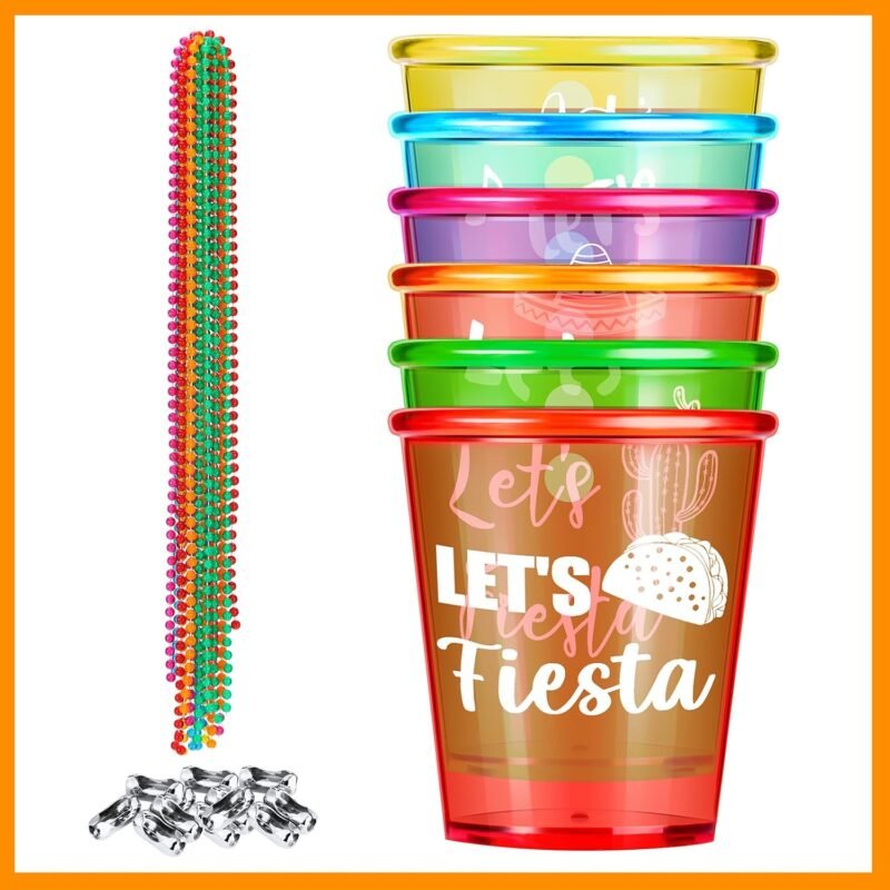 12 Packs Let's Fiesta Shot Glass Necklaces Bead Cinco De Mayo Necklace Plastic Shot Glasses Party Necklaces Mexican Cup for Bachelorette Fiesta Party Favors Supplies, Multi Color - Image 4