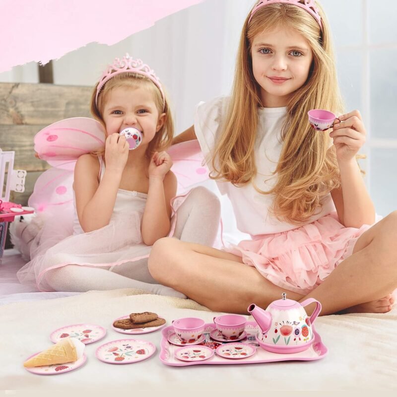 D-FantiX Kids Tea Set for Little Girls, 15Pcs Pink Tin Tea Party Set for Toddlers Afternoon Tea Time Playset with Metal Teapots Tea Cups Play Dishes Princess Toys Gifts with Carry Case - Image 5