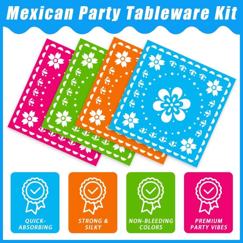 96 Pcs Fiesta Party Plates, Mexican Cinco De Mayo Party Decorations Supplies Mexican Papel Picado Disposable Paper Plates Napkins for Taco Carnival Birthday Baby Shower Tableware, Serves 24 - Image 4