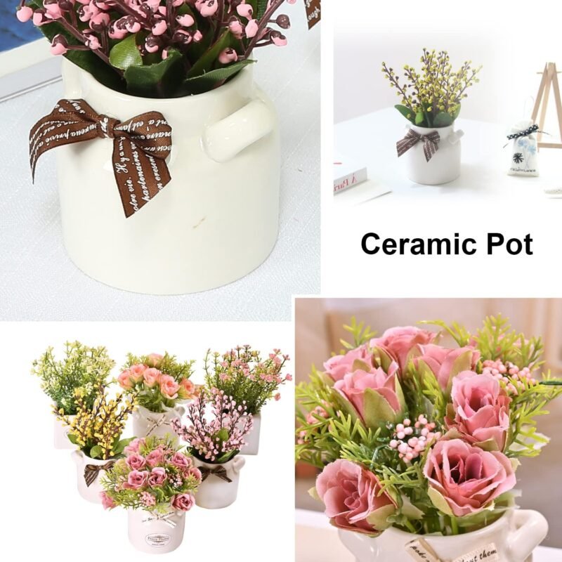 LUEUR 6Pcs Artificial Flowers with Ceramic Pot Fake Flower Arrangements Small Faux Spring Flowers in Vase Home Spring Decor, Centerpiece Table Decorations for Farmhouse Office Shelf Dining Table - Image 2
