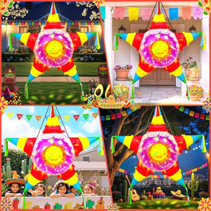 KOOY 5FT Cinco De Mayo Inflatables Fiesta Party Decorations Blow Up Star Pinata May 5 Mexican Decor with LED Lights for Holiday Outdoor Garden Lawn Yard - Image 3