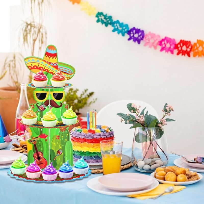 3-Tier Mexican Fiesta Cupcake Stand - 18 Inches Tall, Cactus and Sombrero Design Dessert Stand Holder Display for Cinco de Mayo, Taco Party Supplies, Birthday, and Mexican Theme Decorations - Image 7
