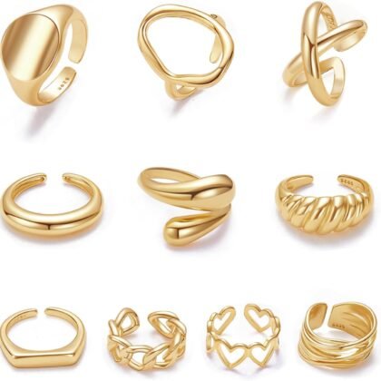 10PCS Gold Dome Chunky Rings for Women 18K Gold Plated Braided Twisted Round Signet Rings Adjustable Open Ring Band Statement Jewelry Size 7-9