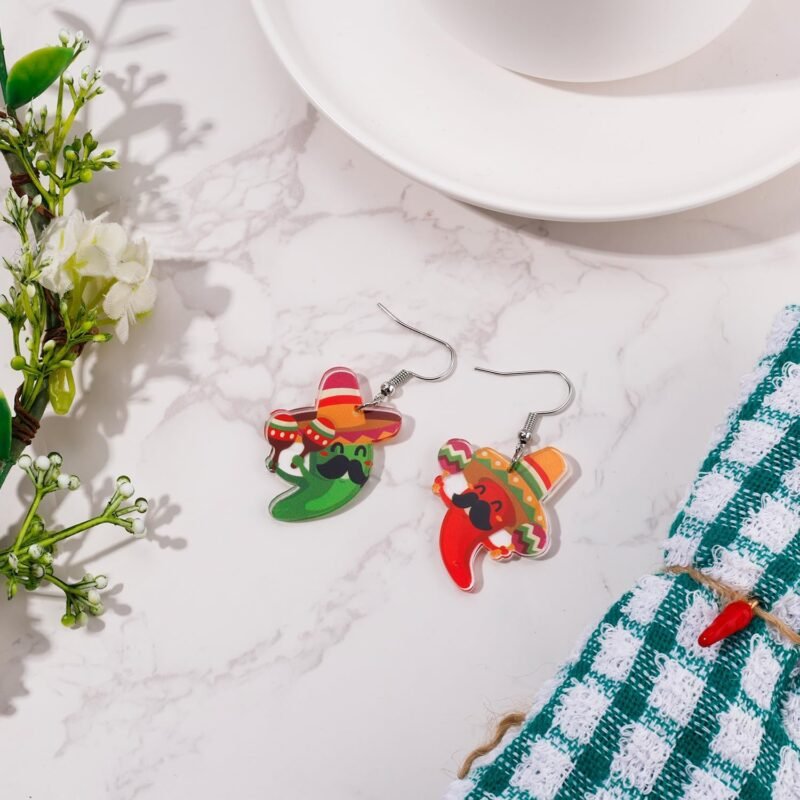 Cinco de Mayo Earrings, 2 Design Chili Pepper Earrings Mexico Fiesta Earrings Decorations Colorful Dangle Mexican Sombrero Hat Earrings Acrylic Drop Earrings Carnivals Festival Jewelry for Women Gift - Image 3