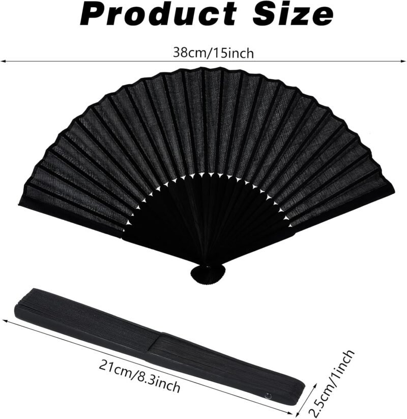 2 Pcs Folding Hand Fan, Black Nylon-Cloth Vintage Retro Fabric Hand Held Fans Chines/Spanish Foldable Fan for Women/Men Wedding Party Favor Performance Dance Home Decorations Festival Gift 15" - Image 2