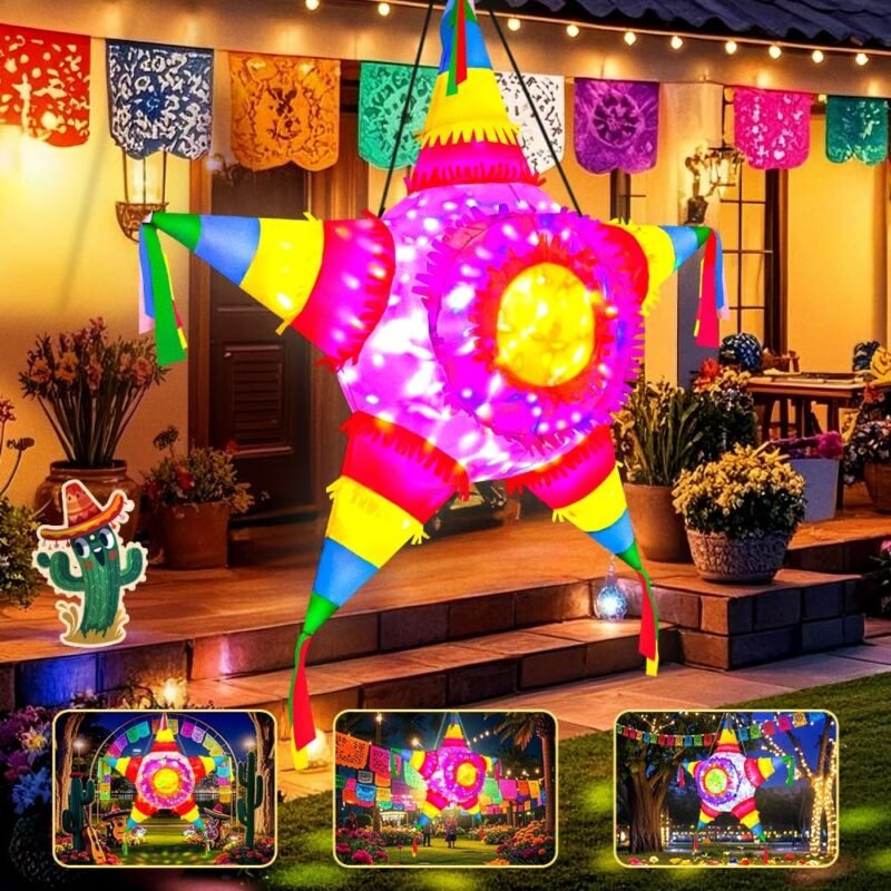 KOOY 5FT Cinco De Mayo Inflatables Fiesta Party Decorations Blow Up Star Pinata May 5 Mexican Decor with LED Lights for Holiday Outdoor Garden Lawn Yard - Image 4