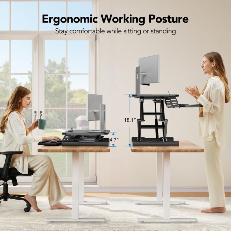 HUANUO Standing Desk Converter, 32” Sit to Stand Desk with Keyboard Tray, Height Adjustable Stand Up Desk Riser for Home Office, Dual Monitor and Laptop Workstation, Black - Image 3