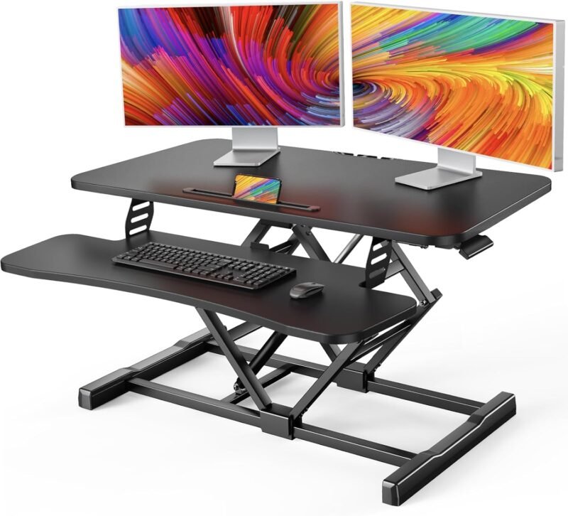HUANUO Standing Desk Converter, 32” Sit to Stand Desk with Keyboard Tray, Height Adjustable Stand Up Desk Riser for Home Office, Dual Monitor and Laptop Workstation, Black
