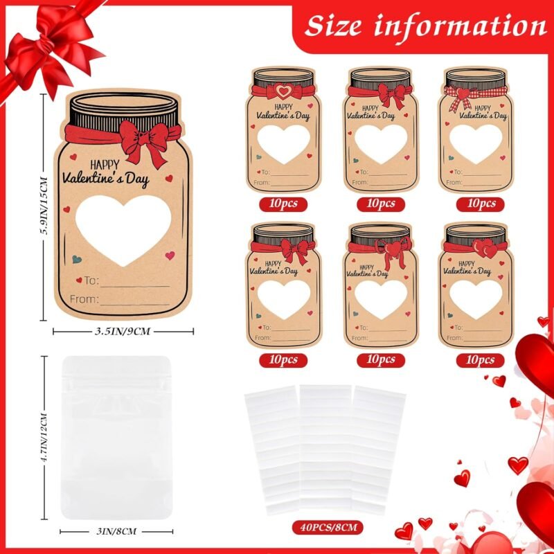 Valentines Day Gifts for Kids 60Pack Mason Jar Happy Valentines Cards Valentine Exchange Cards for Boys Girls School Class Classroom Party Favors (Candy Not Included) - Image 3