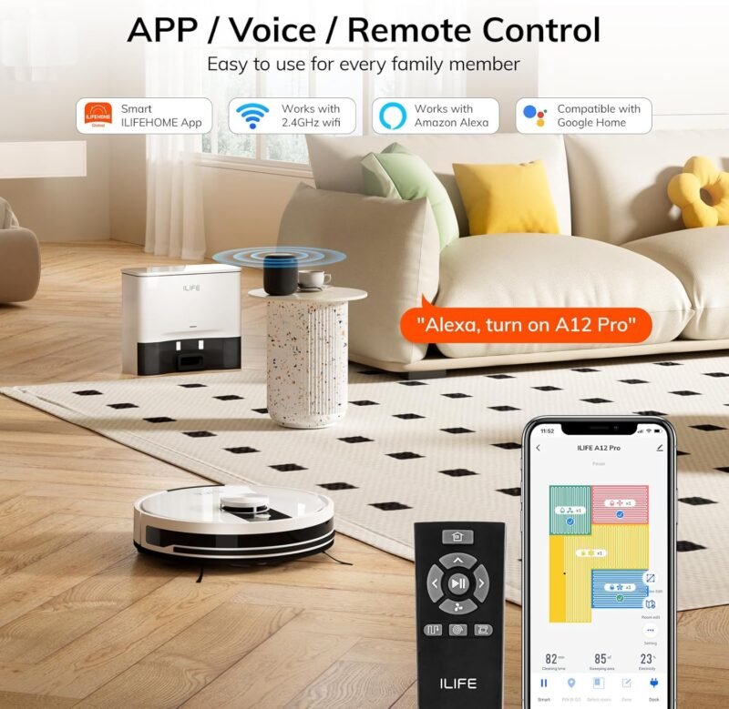 ILIFE A12 Pro Robot Vacuum and Mop Combo, Self Emptying Station for 60 Days, LiDAR Navigation, Home Mapping, No-Go Zones, 2.4G WiFi/App/Alexa/Remote Control, for Hard Floors, 110V - Image 8
