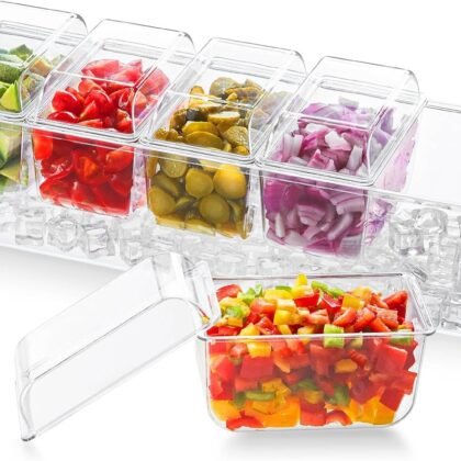 Lifewit Ice Chilled Condiment Caddy with 5 Containers(2.5 cup), Condiment Server with Separate Lids, Serving Tray Platter with Removable Dishes for Bar Accessories, Fruit, Salad, Taco, Party Garnish