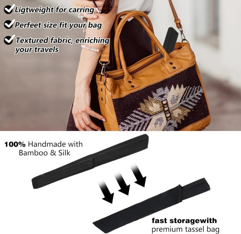 2 Pcs Folding Hand Fan, Black Nylon-Cloth Vintage Retro Fabric Hand Held Fans Chines/Spanish Foldable Fan for Women/Men Wedding Party Favor Performance Dance Home Decorations Festival Gift 15" - Image 3