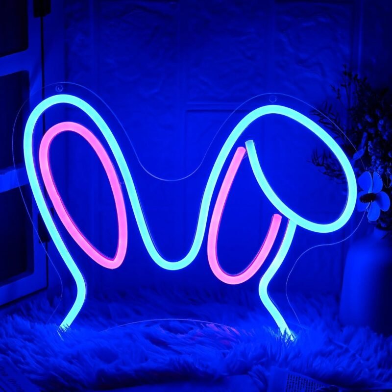 Easter Bunny Neon Sign - Pink Blue Rabbit Ears Light, Dimmable Cute LED Wall Decor for Children's Room, Easter Day Decoration, Gifts, Birthday Parties