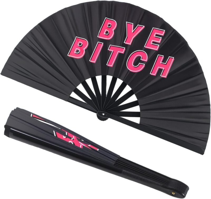 2 Pack Large Folding Hand Fan Men/Women Rave Fan, Chinese Kung Fu Tai Chi Hand Fan Black Vintage Foldable Hand Fans for Dancing, Festival, Gift, Home Decorations(Heated & Bye Bitch) - Image 3